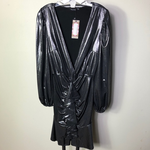 BOOHOO NWT Mini dress gunmetal grey, metallic long sleeves, deep V- neck SZ 8 - Picture 6 of 11